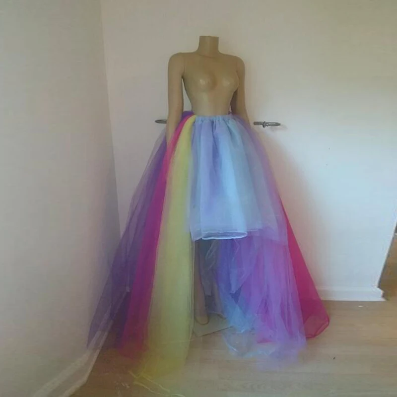 

Real Image Multi color Hi Low Long Tulle Skirts Elastic Waistline Female Tutu Skirt Elegant Asymmetrical Rainbow Maxi Skirts