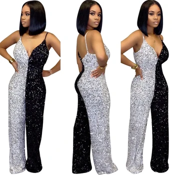 

Sequin Party Jumpsuit Women Color Patchwork V Neck Glitter Evening Jumpsuit Elegant Romper Long Wide Leg Sexy Jumpsuit Clubwear