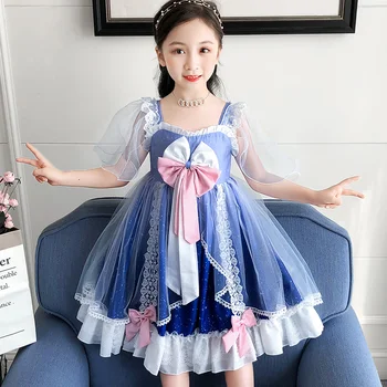 

4-12Y Baby Summer Blue Starry Sky Lace Palace Spanish Lolita Ball Gown Princess Dress for Girl Birthday Easter Wedding Party