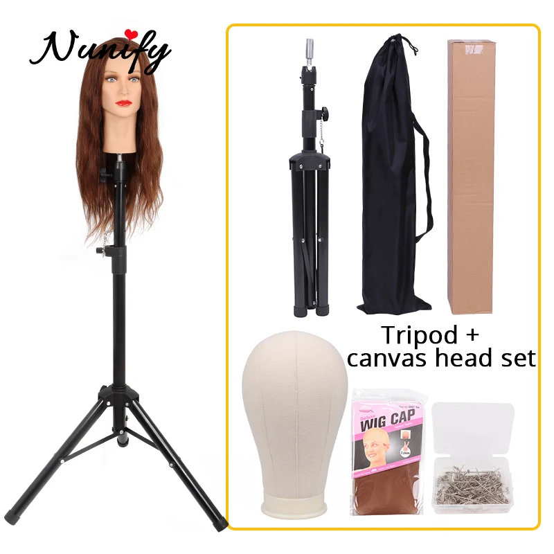 Nunify 21-25Inch Wig Tripod Stand And Canvas Head Manikin Block Aluminium Alloy Round Mannequin | Шиньоны и парики