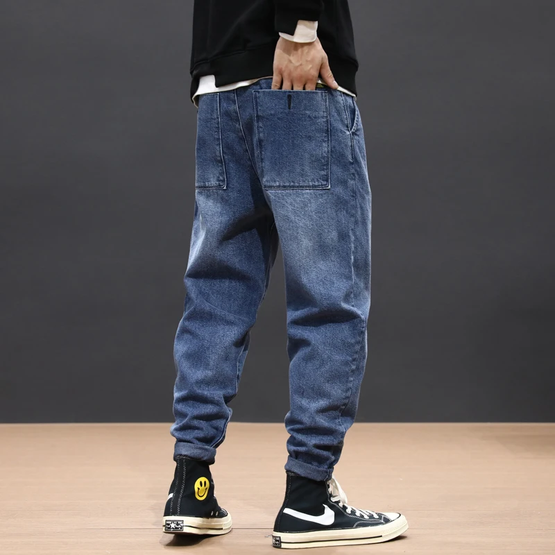 Black Friday Japanese Fashion Men Jeans Loose Fit Patches Designer Elastic Harem Pants Blue Gray Streetwear Hip Hop Jeans Men Pencil Pants