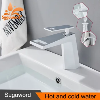

Suguword White Plus Chrome Basin Faucet Classic Deck Mounted Mixer Taps with Hot and Cold Water one Hole one Handle New torneira