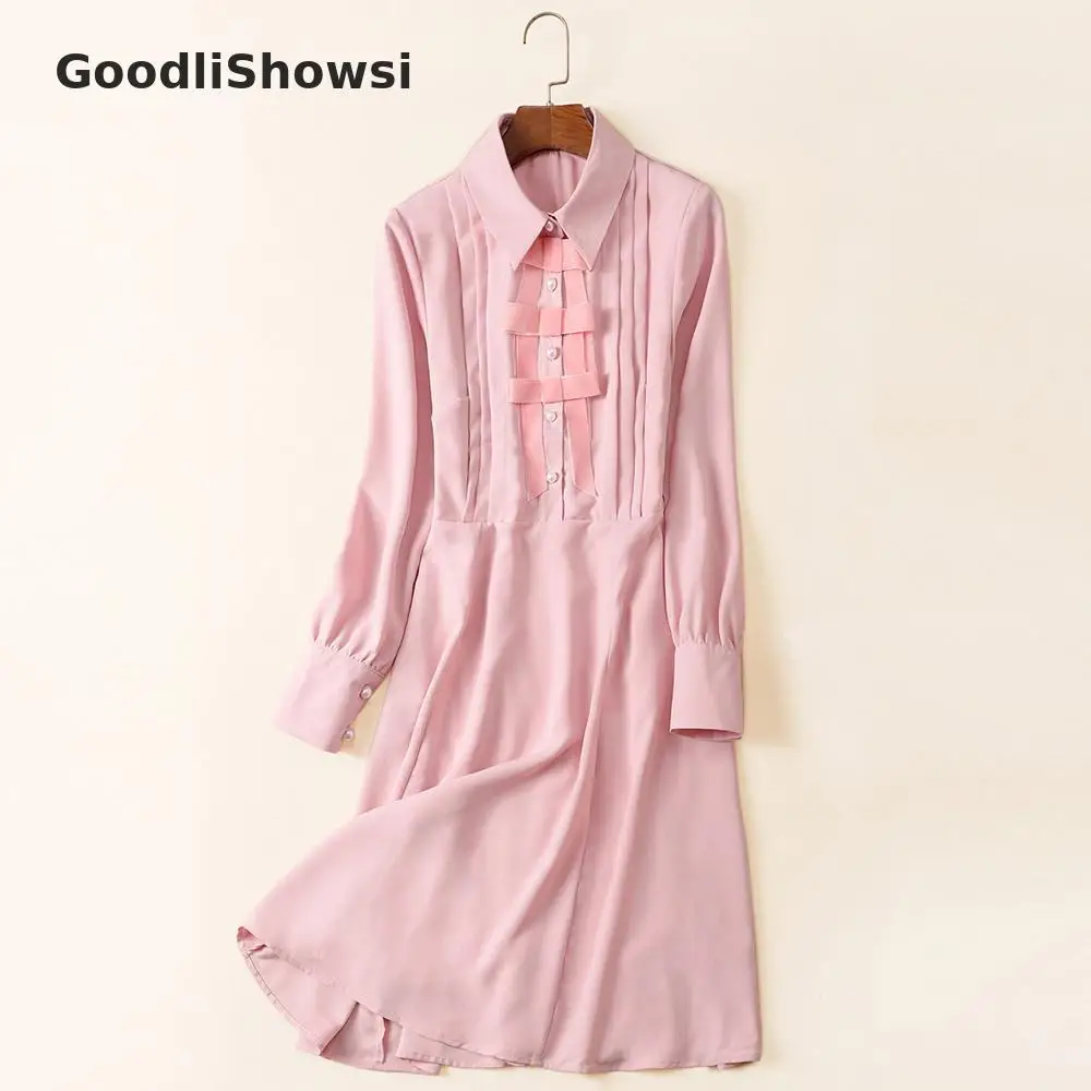 GoodliShowsi, Новое поступление, милое женское розовое платье, одноцветное, с бантом, дизайнерское, с отложным воротником, с длинным рукавом, модное платье-рубашка - Цвет: Розовый
