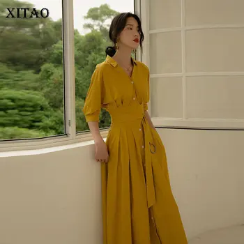 

XITAO Bandage Women Dress 2020 Spring High Waist Single Breast Elegant Goddess Fan Casual Style Waist Elegant Dress XJ3984