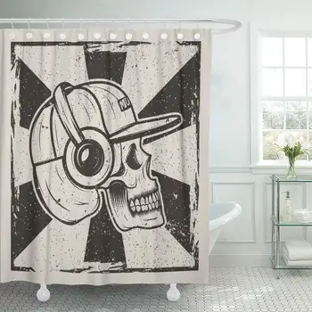 

Human Skull in Cap Headphones Listening to Music Side View Vintage Bathroom Decor Shower Curtain Sets with Hooks Polyester