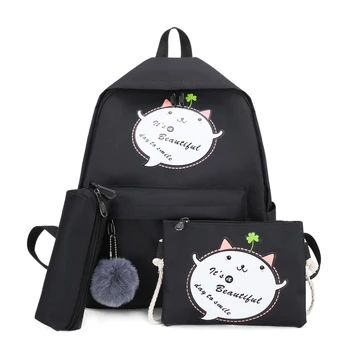 

Women Backpack 4pcs/set Cat Print Canvas Cartoon Solid Bag Women Shoulder Crossbody Bags Pen Bags Backpacks