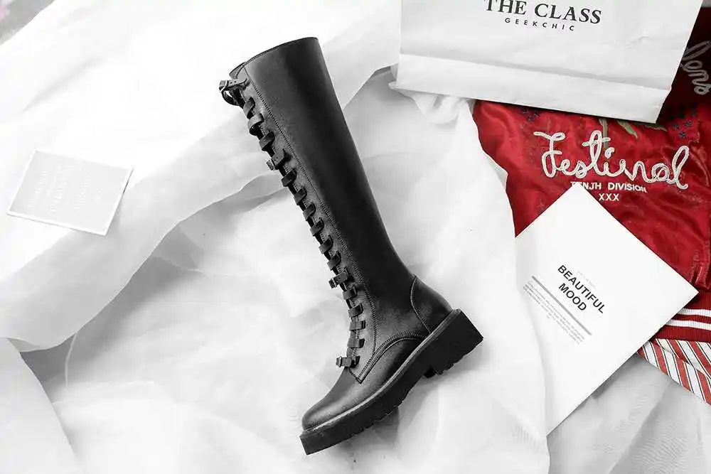 Lenkisen genuine leather vintage campus style belt buckle straps round toe high heels rock winter women warm mid-calf boots L33