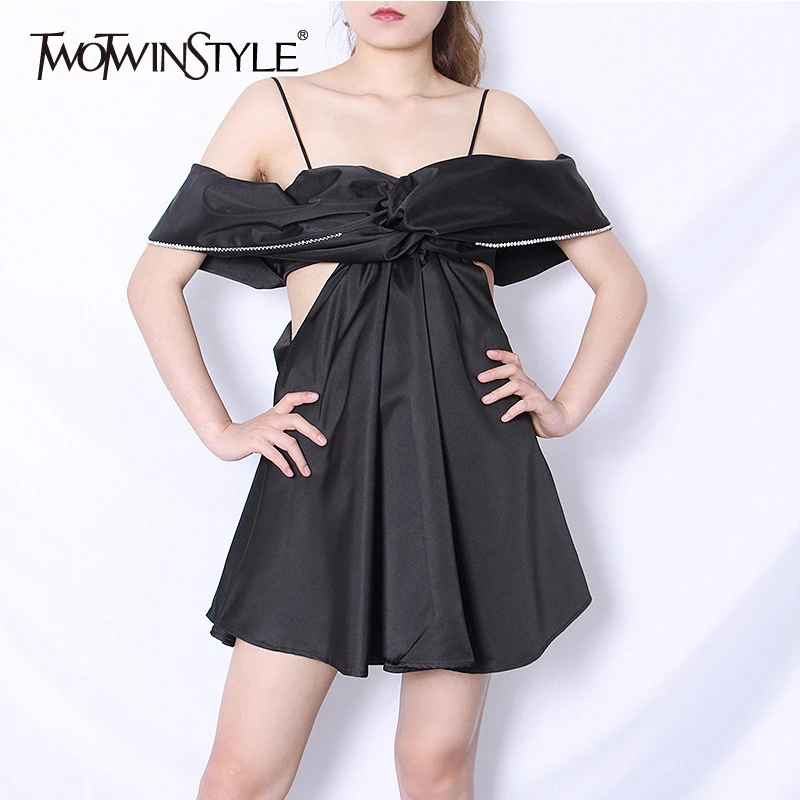 TWOTWINSTYLE Elegant Party Summer Dress Women Slash Neck Short Sleeve High Waist Hollow Out Mini Dresses For Female Fashion Tide TWOTWINSTYLE Elegant Party Summer Dress Women Slash Neck Short Sleeve High Waist Hollow Out Mini Dresses For Female Fashion Tide