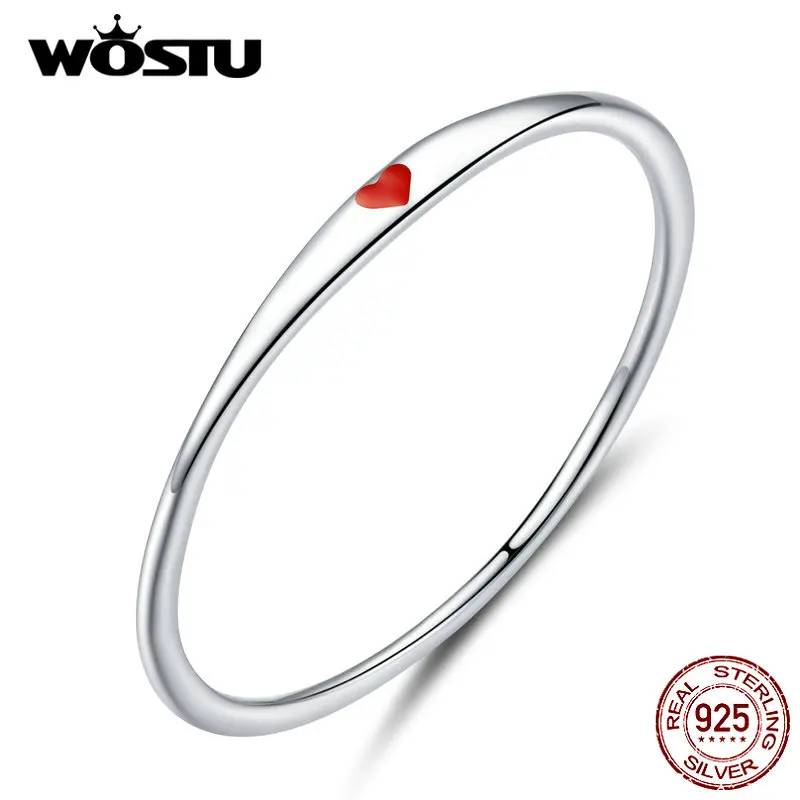 WOSTU Настоящее 100% 925 пробы Серебряное простое кольцо с сердцем красного цвета для