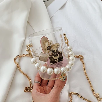 

Transparent 2020 INS New Women's High-quality PVC Designer Pearl Handbag Mini Tote Chain Ladies Shoulder Messenger Bag Purses