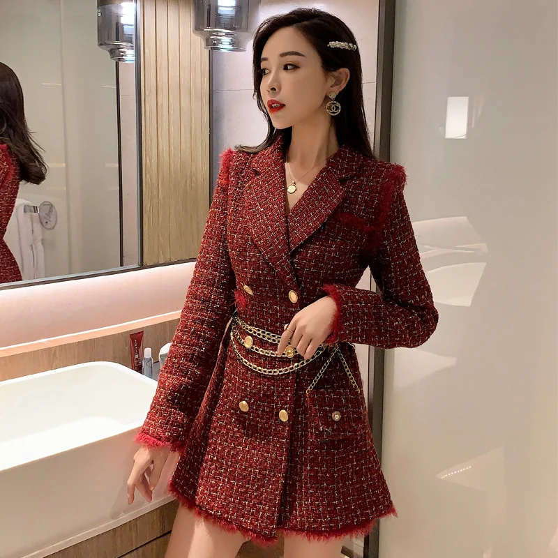 

2020 New Year New Style Debutante Graceful Mid-length Woolen Jacket Overcoat Women's Waist Hugging Slimming Plaid Suit Thick