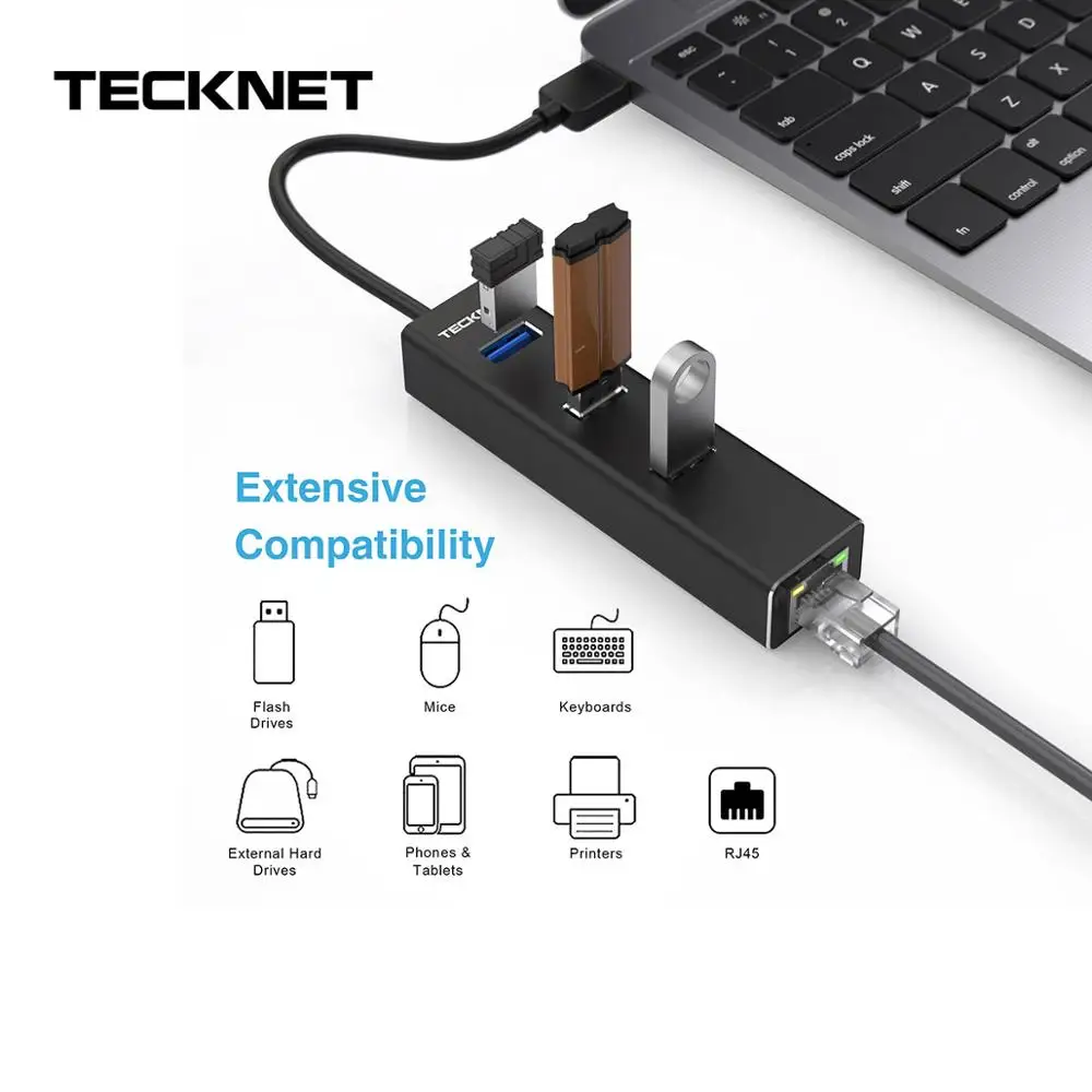 

TeckNet Aluminum 3-Port USB 3.0 Hub with RJ45 10/100/1000 Gigabit Ethernet Adapter Converter LAN Wired USB Network Adapter