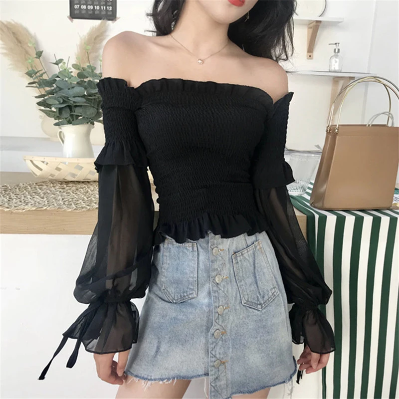 137177-35ee97.jpg Solid Color Pleated Bow Fashion Women Ladies Long Sleeve Off Shoulder Cropped Tops Blouse Shirt Lace