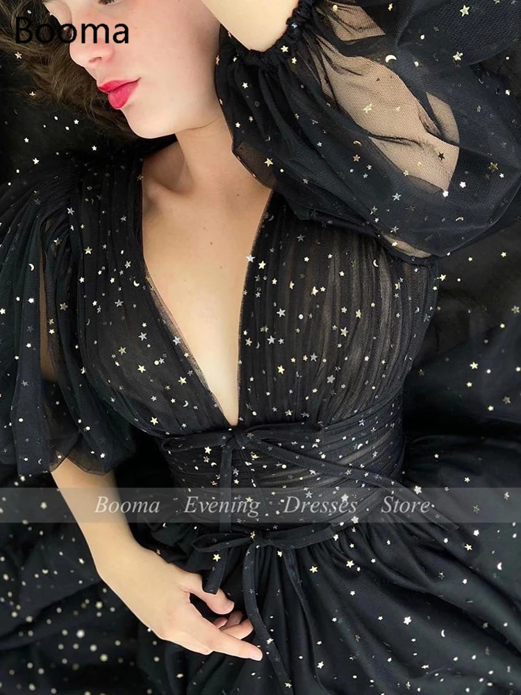 Booma Black Starry Tulle Prom Dresses Sparkly V-Neck Half Puff Sleeves Ruched Wedding Party Dresses Slits Long A-Line Prom Gowns