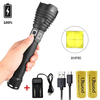 

XHP90 LED 3 Modes Dimming Flashlight High Brightness USB Charging Torch with 2 Batteries Charger