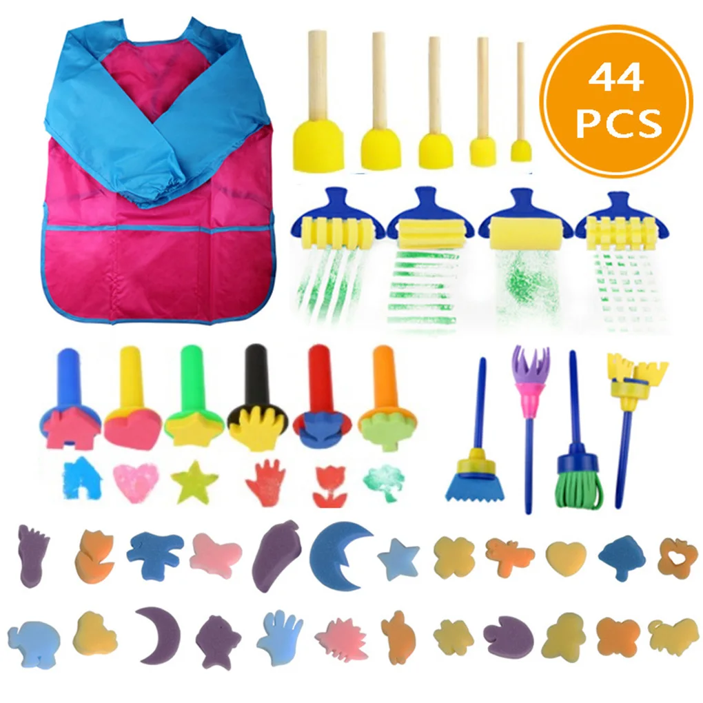 44pcs Sponge Painting Brushes Kit Mini DIY Kits Early Learning Kids Paint Set Roller Brush Child Apron Play Gift | Игрушки и хобби