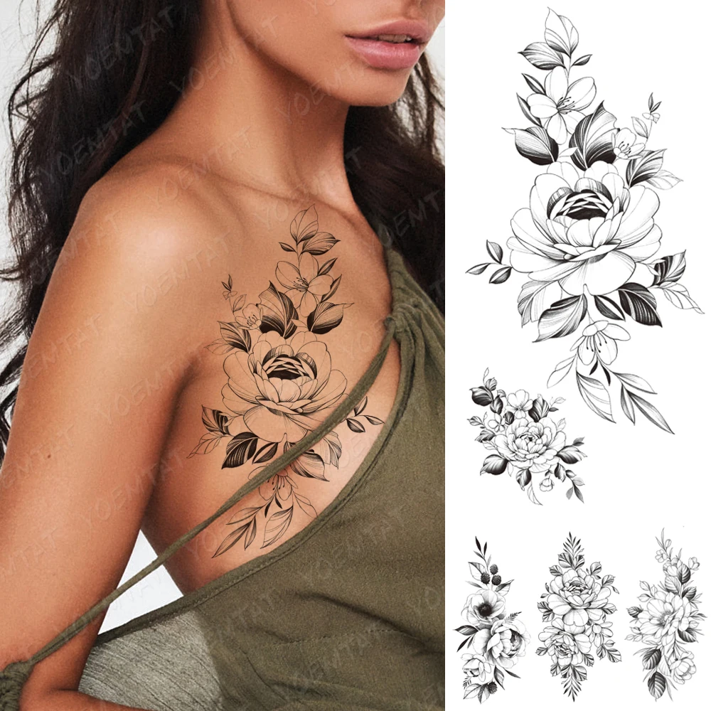 Waterproof Temporary Tattoo Sticker Peony Flower Plum Blossom Flash Tattoos Female Black Minimalist Line Body Art Fake Tatto | Красота и