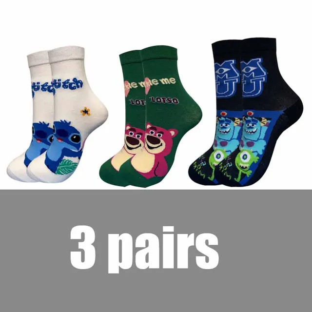3 Pairs Casual Korea Women socks Cute Kawaii long socks Cartoon Mickey Minnie Donald Winnie Cotton socks girl socks Size 35-42 Blue