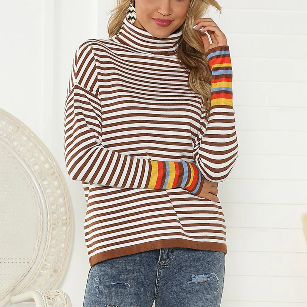 womens sweaters loose sweater Women Turtleneck Pullover long Sleeve Stripe Patchwork Knitted Sweater Tops W918