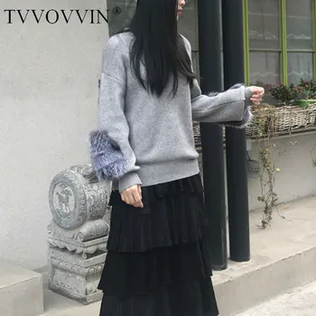 

TVVOVVIN 2019 New Spring Fashion Women Clothing Round Neck Lantern Sleeves Knitting Fur Patchwork Sleeves Pullover Sweater F437