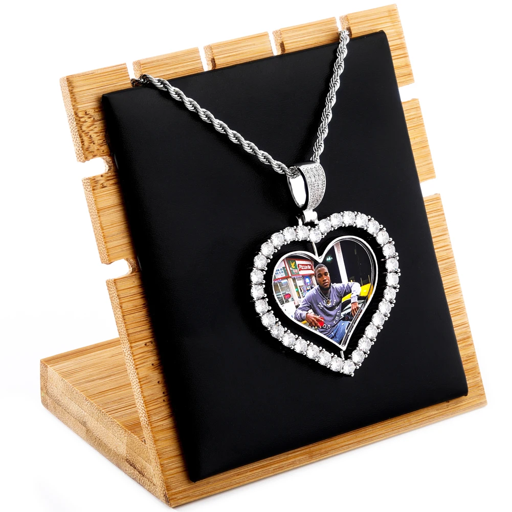 TOPGRILLZ Heart Shaped Custom Photo Spin Double Sided Medallion Pendant Necklace With 4mm Tennis Chain Zircon Hip Hop Jewelry