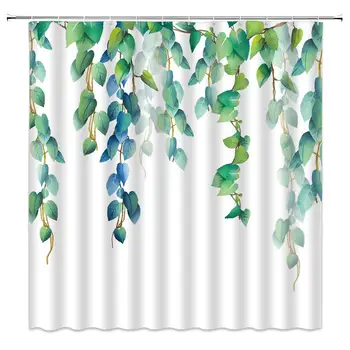 

Green Leaf Shower Curtain Leaves Flower Spring Watercolor Vines Plants Floral Nature Fresh Leaf Pattern Garden Modern Fashion
