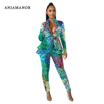 

ANJAMANOR Fall Winter Animal Sexy 2 Piece Long Sets Womens Outfits Ruffles Blazer and Pants Two Piece Set for Women D41-BA24