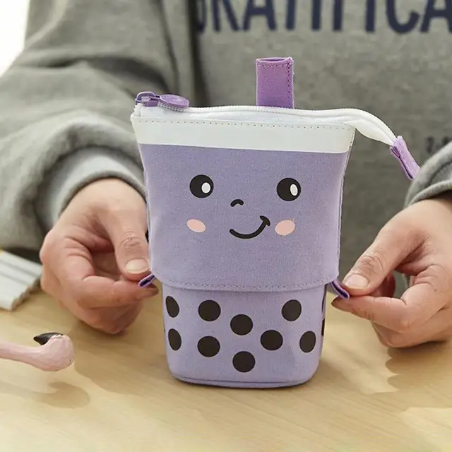 Kawaii Pencil Case With Boba Smile Face Telescopic Standing Pencil