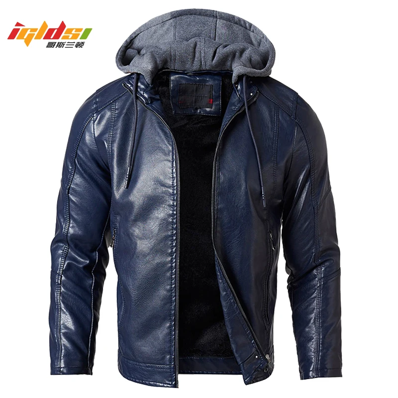 

Men's Winter Leather Jacket Hooded Fleece Warm Coat Motorcycle PU leather Classic Leisure Jacket Male Jaqueta Masculino Couro