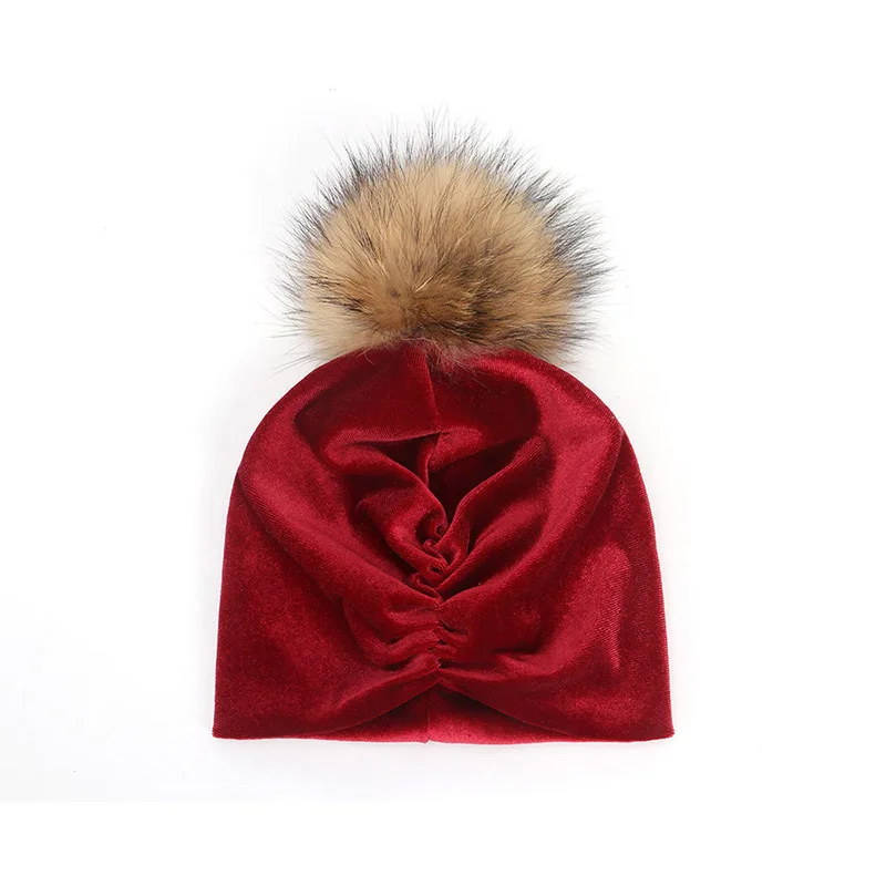 Детская шапка с помпоном, шапка-капот, теплая зимняя шапка для маленьких девочек, детская шапочка, золотистая бархатная детская шапка для маленьких девочек - Цвет: dark red