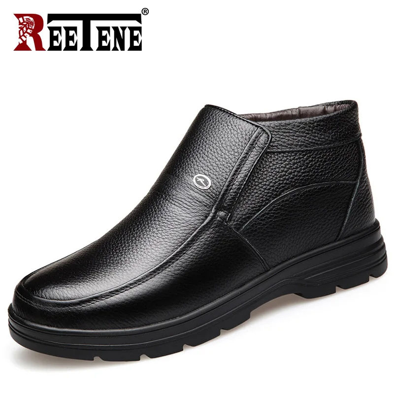 

REETENE Men Winter Shoes Men Boots Warm Comfortable Fashion Genuine Leather Snow Boots Short Plush Snow Boots Durable Outsole