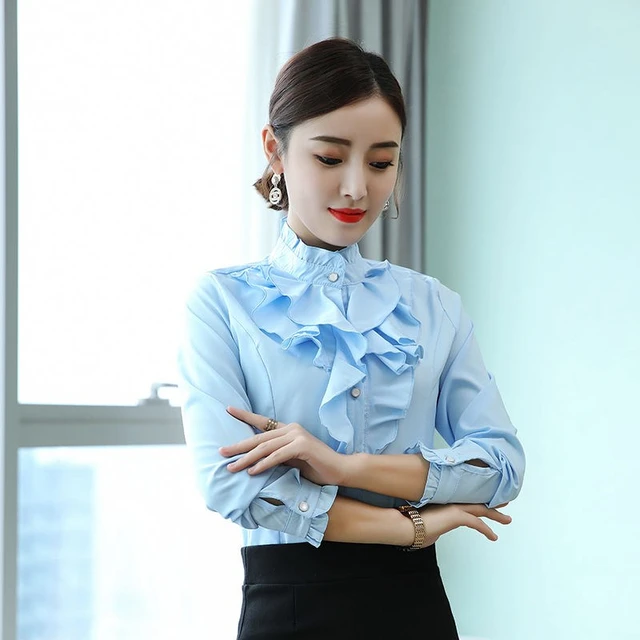 Women Lace Ruffle Collar Shirt Pleated Frill Sleeve Slim Blouse Victorian  White