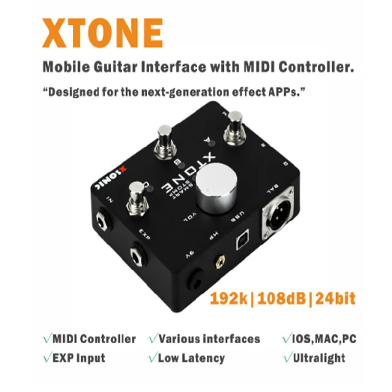 XTONE 192K мобильный гитарный интерфейс с MIDI контроллером для iphone/ipad/PC/MAC и ультра низкой задержкой