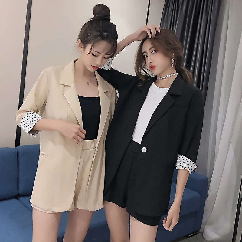 Корейский стиль керлинг волна длинный рукав шифон костюм куртка Женская высокая талия повседневные шорты из двух частей
