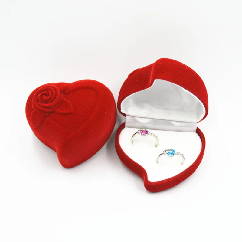 Double Wedding Rings Box Velvet Heart Shape Red Rose Flower Box Jewelry