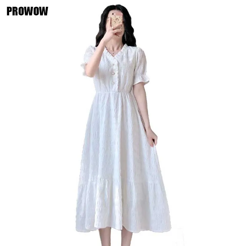 Korean White One-Piece Dress 2020 Female Summer New Vintage V-Neck Puff Sleeve Elegant Dress Women Holiday Party Dress Vestidos