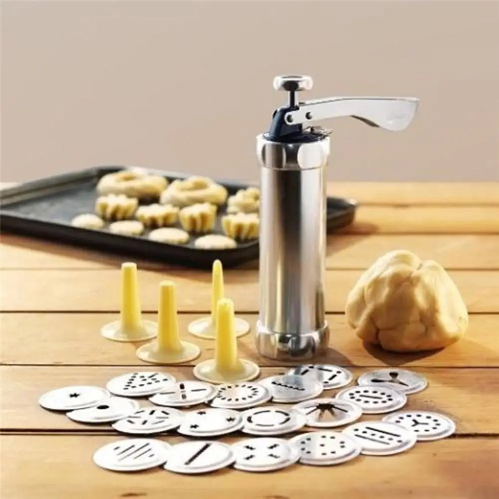 

Cookie Dryer Twist Baking Tool Kit for DIY Biscuit Maker and Decorating with 20 Stainless Steel Cookie Plates and 4 Nozzles
