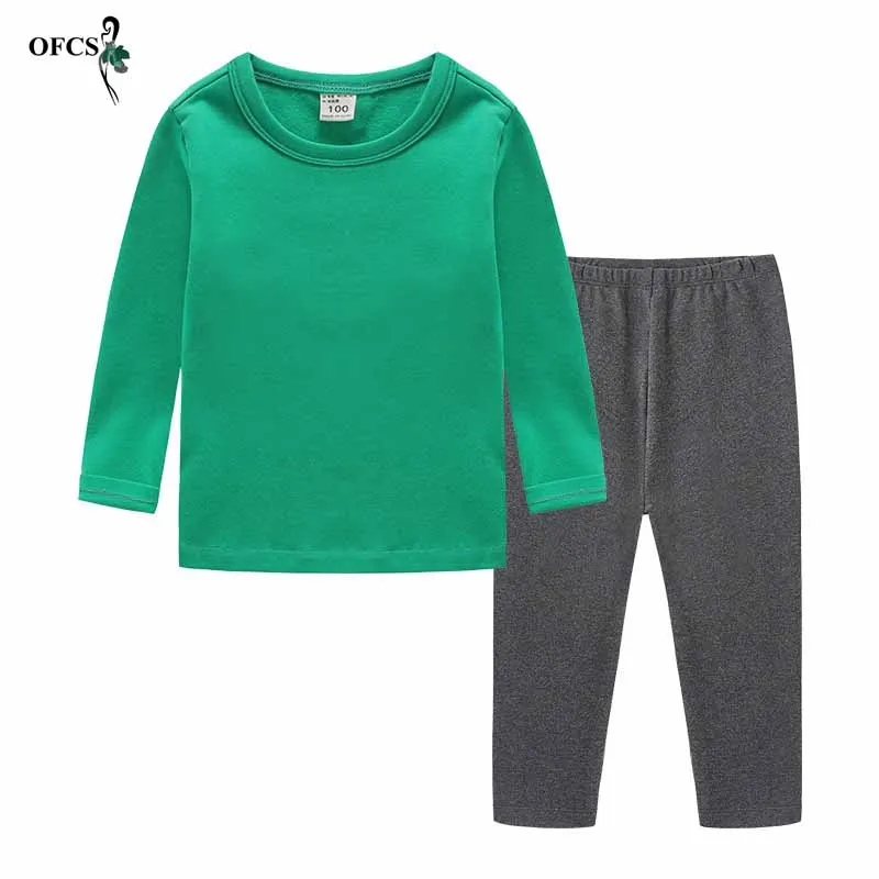 Autumn Children's Bottom Suit Boys Girls Clothes Long-sleeved T-shirt Cotton Set Candy Long-sleeved Trousers 2 Sets Nightwear - Цвет: Green add Gray