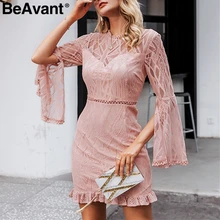 BeAvant сексуальное прозрачное кружевное платье женское разрез до талии широкий короткий рукав вечернее платье осеннее офисное женское цветочное миди платье