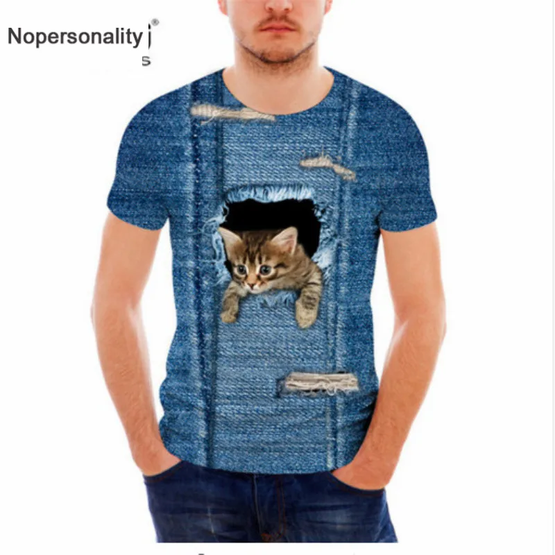 Мужская джинсовая футболка Nopersonality с коротким рукавом 3D рисунком кота собаки |