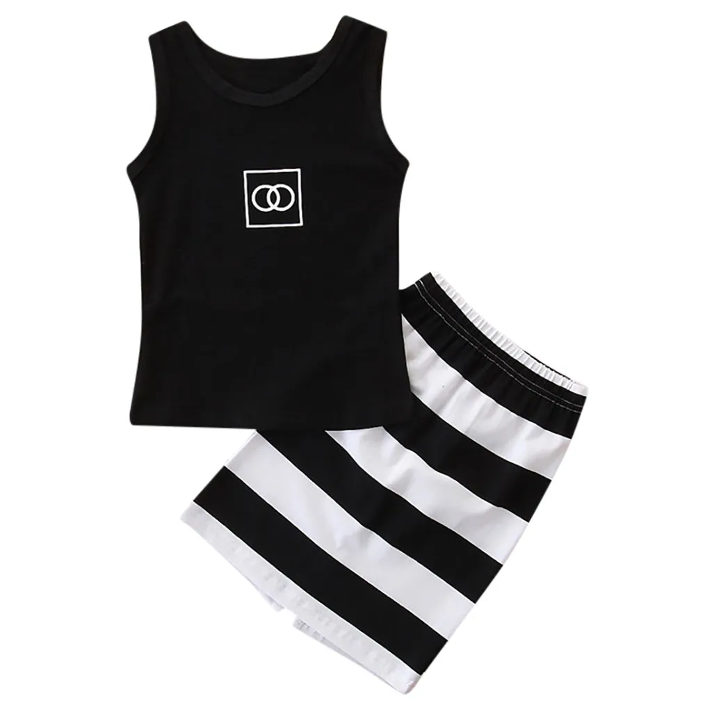 Summer Toddler Infant Baby Kids Girls Clothes Fashion Sleeveless Letter Printed Vest T-shirt Tops+Striped Skirt Outfits Sets#p4 | Мать и