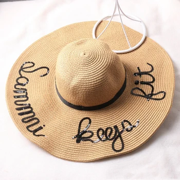 

Embroidery Personalized Custom Text LOGO Embroidery Women Sun Hat Large Brim Straw Hat Folding travel cap Wedding Gift