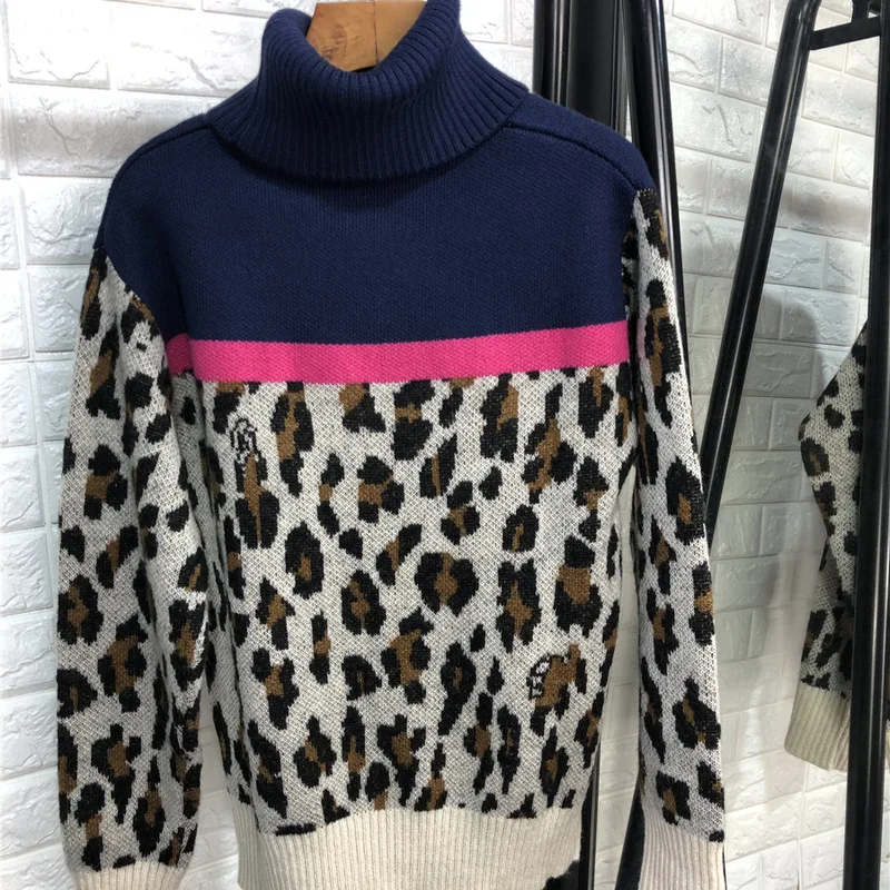 

New 2019 winter leopard wool knitted sweater women top designer runway brand loose color block mohair turtleneck pullovers