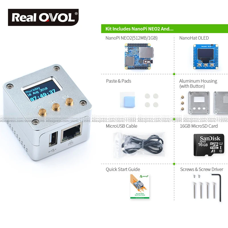  RealQvol FriendlyARM NanoPi NEO/NEO2 Metal completo Kit carcasa de aluminio oled programable en pit