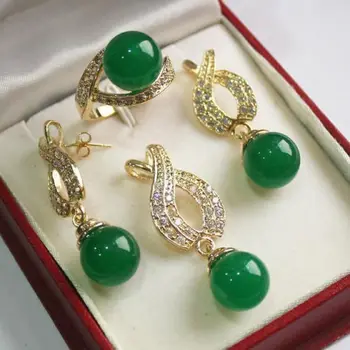 

Free Shipping 1Set AAA 12mm Green stone Pendant Necklace Earrings Ring Set 04