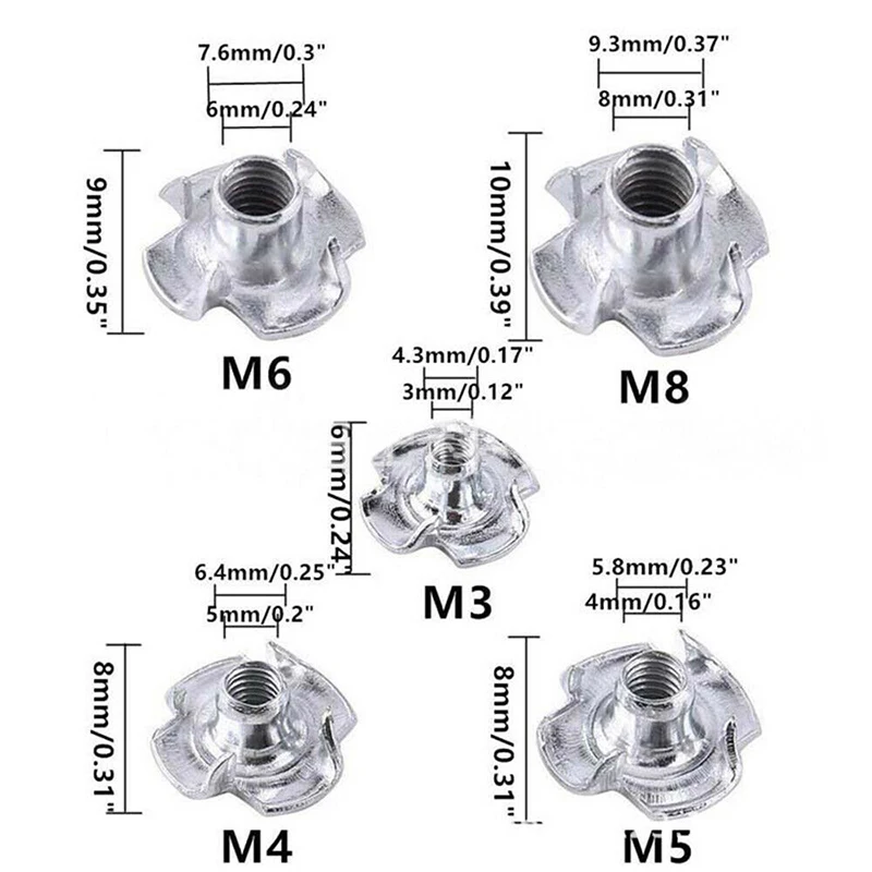 120pcs/set High Strength and Hardness T Nuts 304 Stainless Steel Thread Drive-in Nuts Metric T-nuts M3 M4 M5 M6 M8