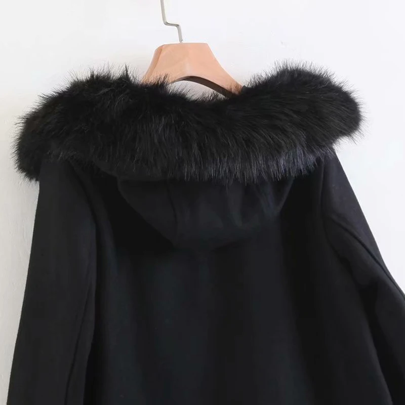 ZOEPO шерстяное пальто на молнии с капюшоном для женщин, модные однотонные куртки с меховым воротником, женские элегантные пальто с длинным рукавом для женщин JL