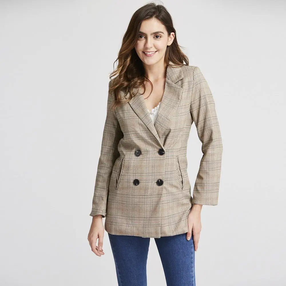 

2019 Spring Autumn Women Plaid Blazer Jacket Loose Female OL Casual Double Breasted Jackets Fashion Suits Outwear Coat