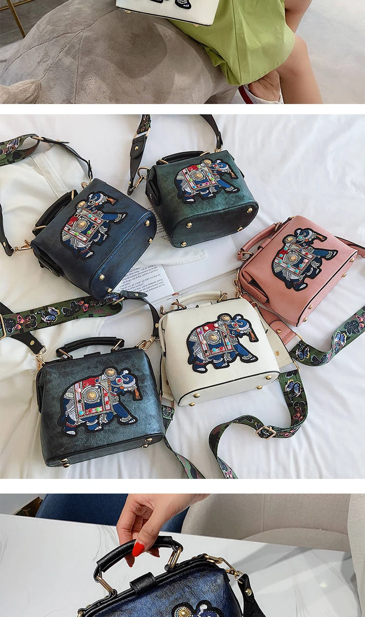 Vintage Embroidery Elephant Bag Bags Wide Butterfly Strap PU Leather Chain Women Shoulder Crossbody Bag Tote Women's Handbags