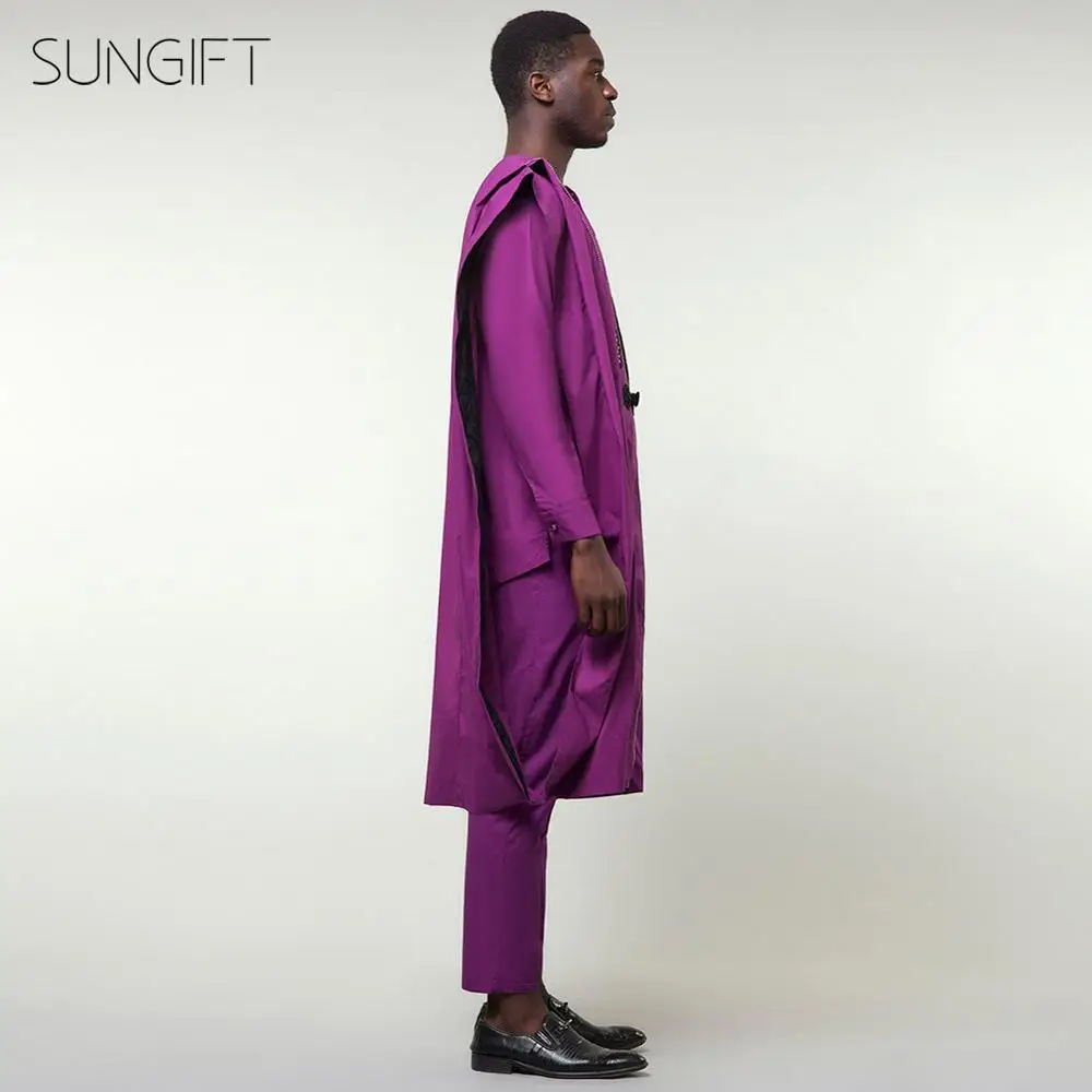 SUNGIFT Men's African Stylish Clothing Printed Agbada Dashiki Top Shirts and Pants Boubous Slim Fit Breathable Outfits 3 Pieces
